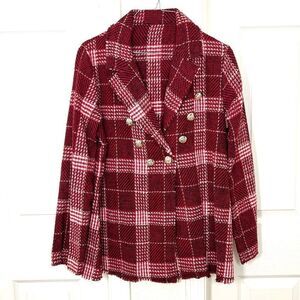 Shein Red Plaid Double Breasted Blazer Jacket Tweed Raw Hem Size M